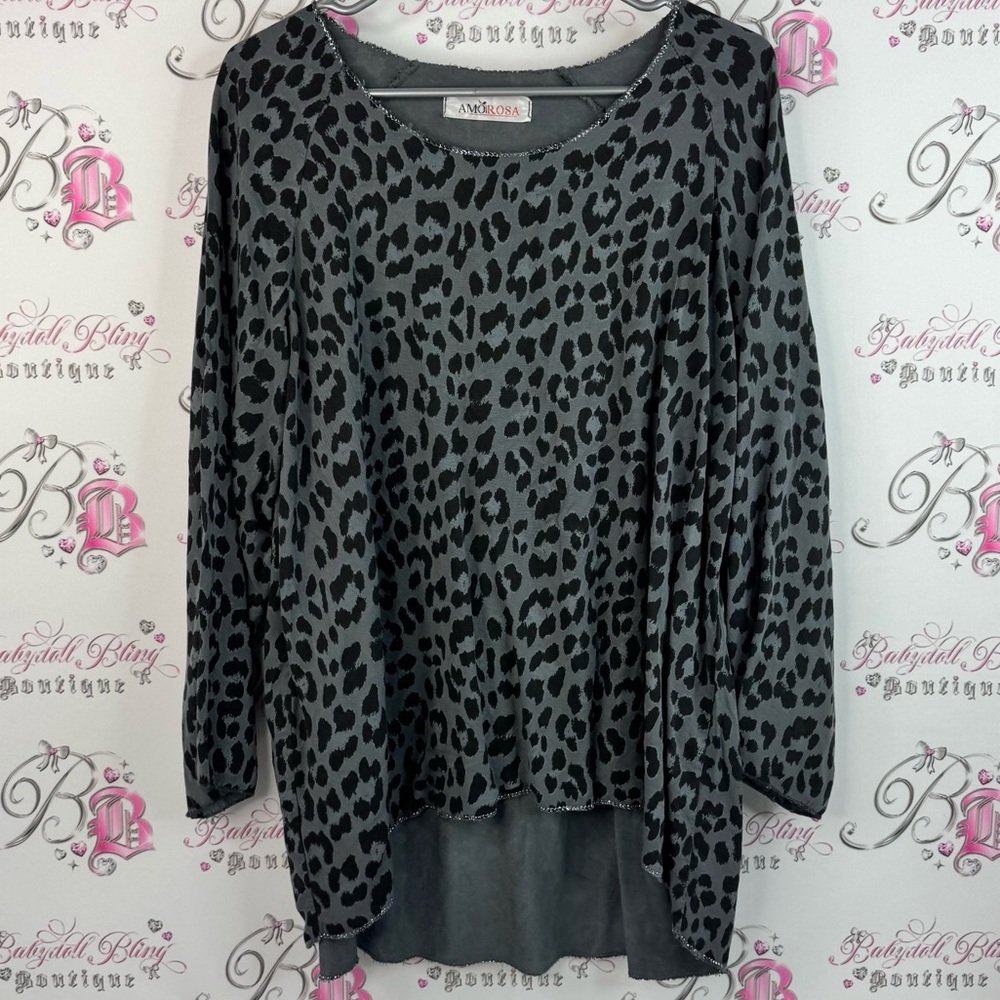 Amorosa long sleeve sparkly trim thread silver Gray Leopard Print Sweatshirt